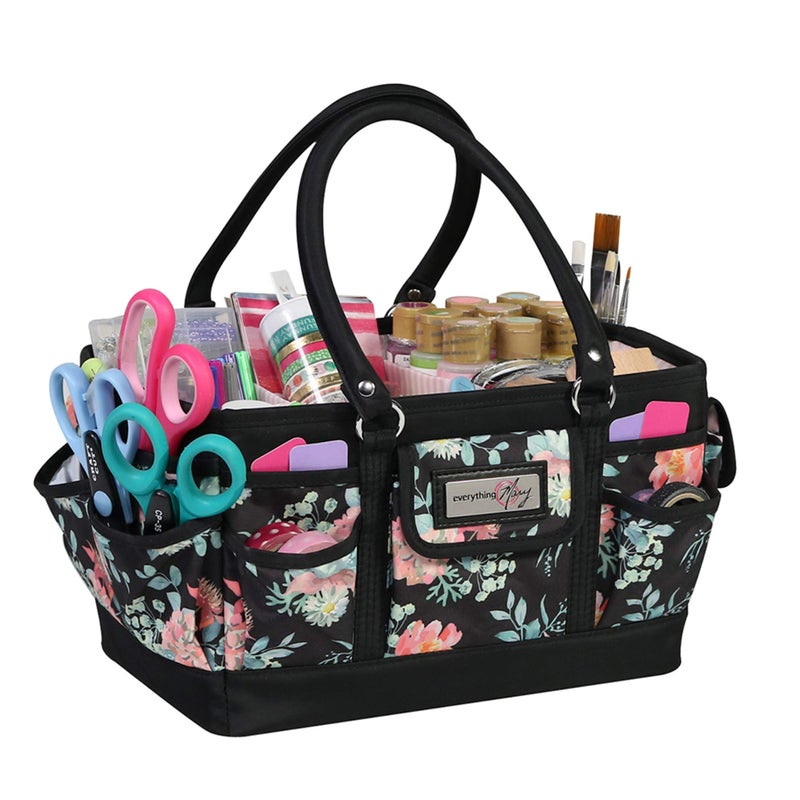 Everything Mary Deluxe Store & Tote Organizer â€“ Black & Floral Craft Bag with Handle â€“ Sewing, Scrapbooking & Art Supply Caddy â€“ Stylish Storage for DIY Projects - Image 1